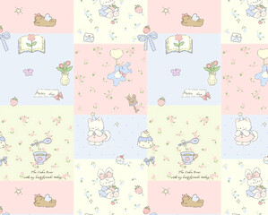 Fototapeta premium Adorable Kawaii Bear Cat Bunny Patchwork Stripe Polka Cake Cherry Pastel Phone Wallpapers