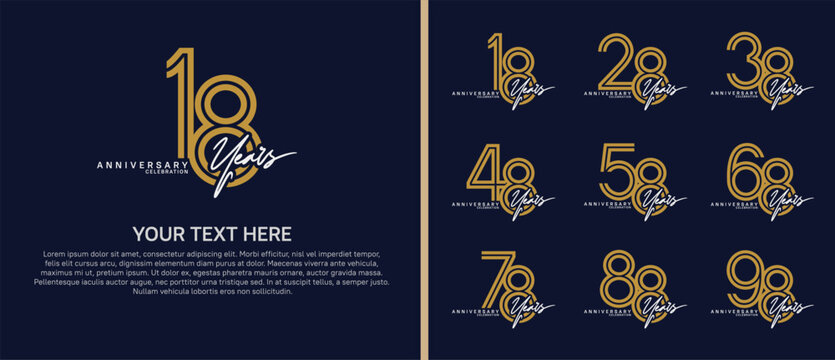 anniversary logo set with handwriting. brown and white color on blue background for celebration moment