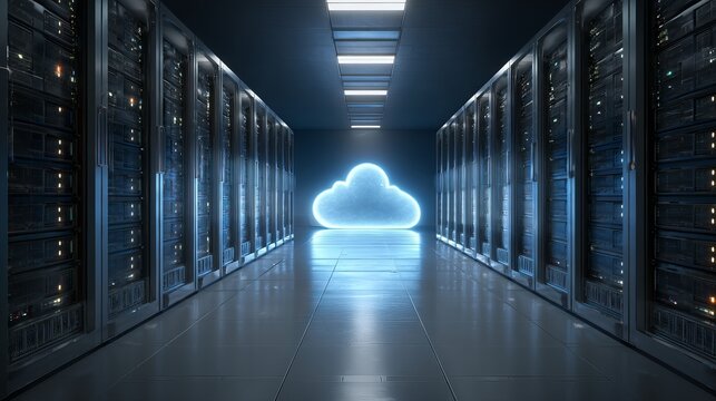 A futuristic server room with rows of computer servers and a glowing cloud at the end of the corridor - Powered by Adobe