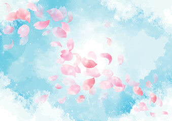 水彩 春の青空に舞い散る桜の花びらの背景　フレーム