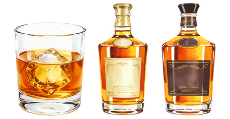 ウイスキーのボトルとロックグラスのイラストセット（洋酒・バー素材）,琥珀色,バーボン,スコッチ,水彩風,リアルイラスト