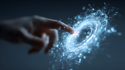 hand of the man interacting with glowing hologram interface, futuristic technology background, blue neon light, AI and innovation