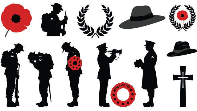 Black Silhouette Figures with Poppy Symbols Remembrance Day Set