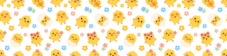 Fototapeta premium Easter chick emotions seamless pattern in colorful flat style Cute cartoon baby chicks spring seamless vector pattern Sweet Easter chick characters seamless pattern illustration