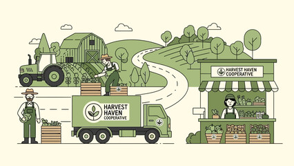 Community Farm Scene Depicting Cooperative Harvest, Transport, And Retail