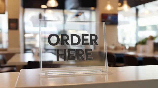 Order here sign on caf&eacute; counter with blurred interior background