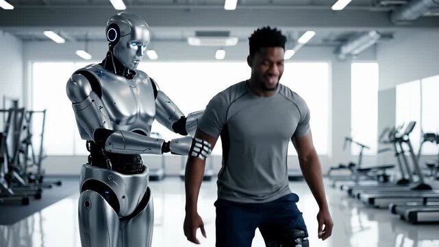 Robot trainer assists athlete in modern gym. Innovative technology enhances fitness experience. Dynamic interaction promotes strength training and motivation.