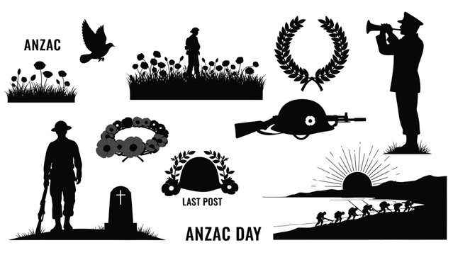 Black Silhouette of A N Z A C Day Commemoration ANZAC Day war memorial soldiers poppies