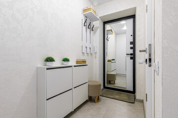 Bright minimalist entryway interior with white shoe cabinet and mirror