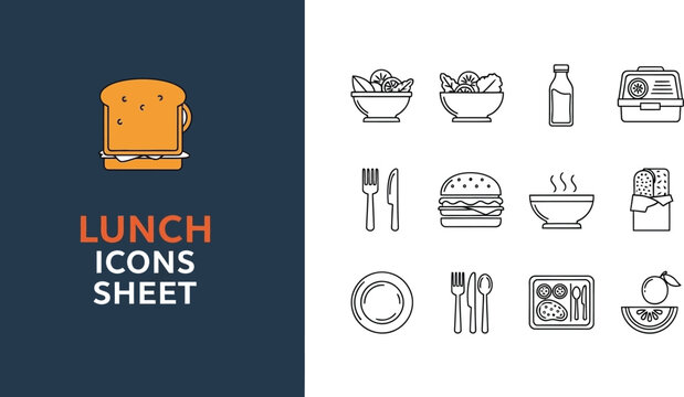 Black outline icon sheet of lunchtime meal elements