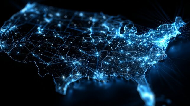 A glowing blue map of the United States showcasing a network of interconnected lines and dots representing cities and states
