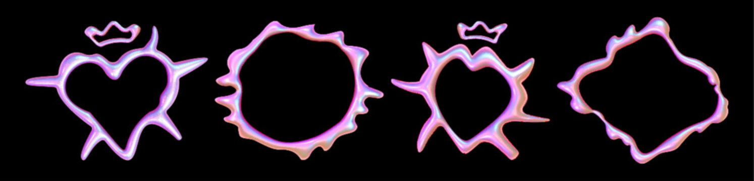 Abstract y2k chrome frames set isolated on black background. Vector realistic illustration of holographic heart and round shape borders, unicorn pink metallic design element, iridescent glossy surface