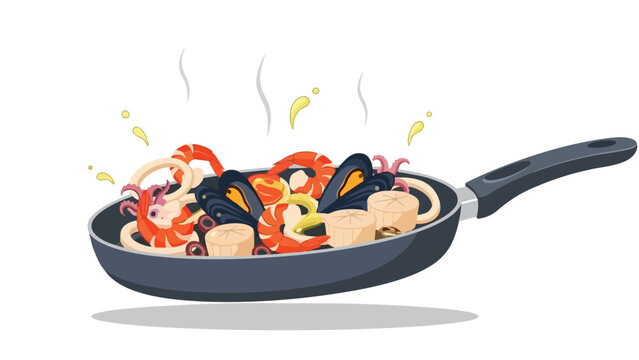 Fresh seafood medley sizzling in a pan with steam and oil splatters for a delicious meal preparation graphic illustration perfect for culinary