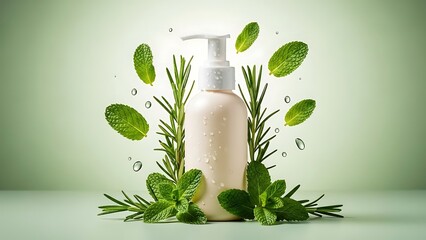 White Pump Bottle Product Shot with Fresh Mint and Rosemary on Green Background