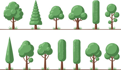 Flat Vector Tree Illustration Set Featuring Various Green Geometric Deciduous and Evergreen Trees for Landscape Design Environment and Nature Graphics © Hossain