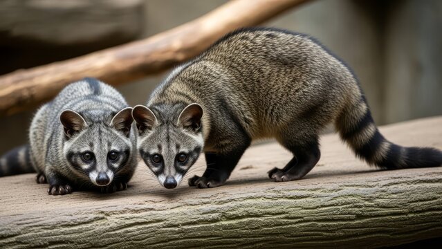 A pair of Asian palm civets closely investigate their surroundings while standing on a textured tree log.