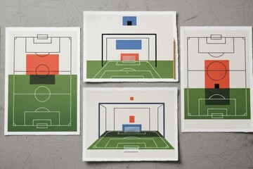 Collection of soccer field diagrams on gray surface