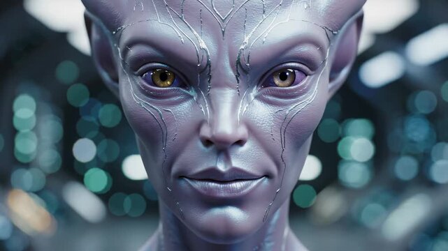 A compelling close-up portrait of an enigmatic alien with pale, textured skin and striking golden eyes, featuring glowing, intricate facial patterns. The blurred futuristic background enhances an aura