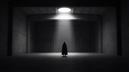 Fototapeta premium Solitary figure standing in a dimly lit architectural space capturing isolation and contemplation