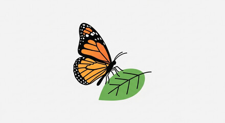 Fototapeta premium Monarch butterfly perched on green leaf wings spread orange and black wings with white spots natural insect illustration