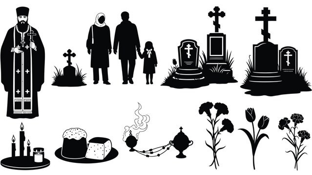 Black and white of funeral ceremony with priest and tombstones crosses