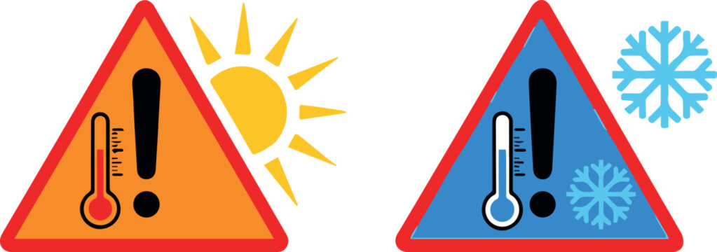 Graphic illustration of warning signs for extreme temperatures, heat and cold, with thermometers and sun and snowflake symbols.