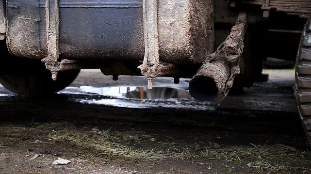 Close-up of heavy-duty vehicle undercarriage. Fuel tank, exhaust system, suspension caked in mud. Ground is wet, muddy, with puddles, tire tracks. Depicts durability.