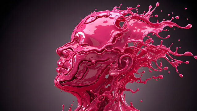 A surreal digital artwork of a human head covered in pink liquid