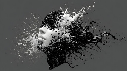 A black and white illustration of a woman's face dissolving into liquid