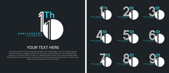 anniversary logo set with circle. white and blue color on black background for celebration moment