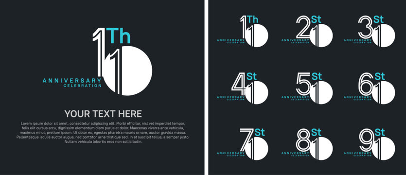 anniversary logo set with circle. white and blue color on black background for celebration moment