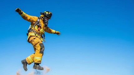 Dynamic Firefighter Mid-Leap Training Against Blue Sky