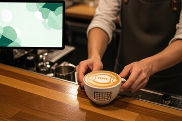 Barista serving coffee with football design on a wooden counter