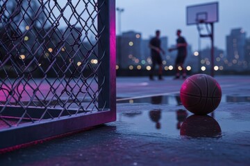 Basketball on court at dusk with players in background