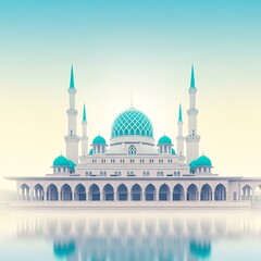 Large white mosque with turquoise domes and minarets by serene water