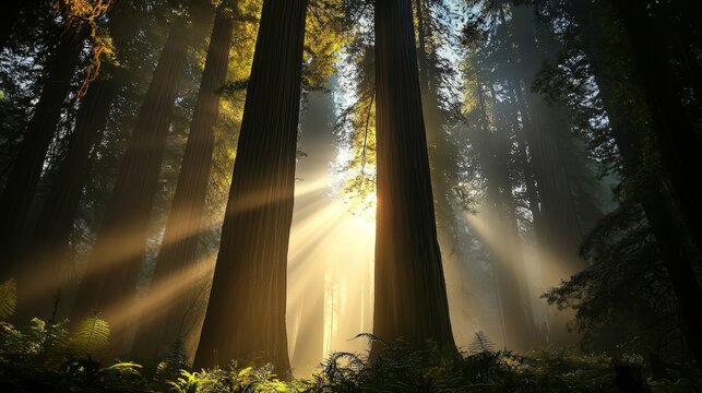 Sunlight Dances Through Redwood Trees in a Misty Forest