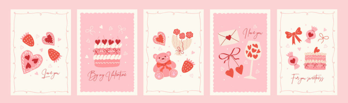 Coquette girly greeting cards for Valentine's Day. Hand drawn whimsical frames, cute bows and ribbons, sweet cake, decorative hearts, strawberry, toy bear, cherry, bouquet of roses.