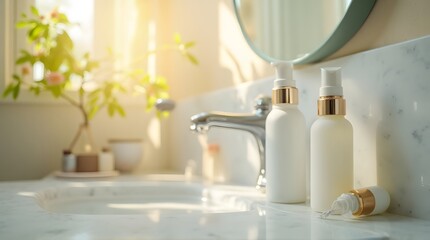 White and gold skincare bottles on marble bathroom counter, illuminated by bright natural sunlight, with a blurred green plant.