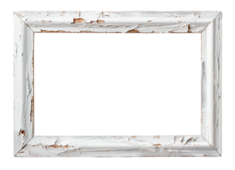 This frame features an industrial design with a worn white finish. It is empty in the middle, allowing space for displaying products. The background is transparent, enhancing versatility