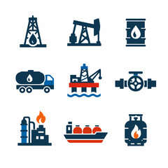 Various oil industry icons including rig, tanker, and pipeline representing energy extraction and transport