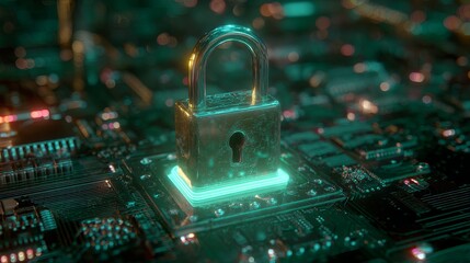 A glowing padlock secures a circuit board, symbolizing digital protection and cybersecurity in a futuristic technological environment.