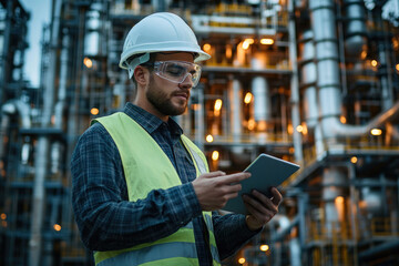 An oil refinery in the evening. An engineer checks documents describing the quality of the petroleum products being produced.