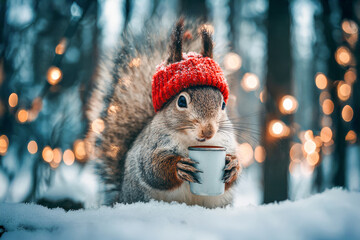 Cheerful squirrel in red hat drinks warm cocoa in snowy forest against backdrop of lights