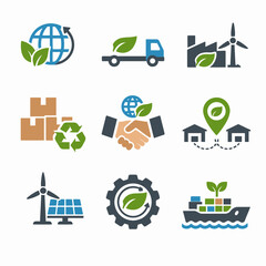 Eco-friendly logistics and renewable energy icon set