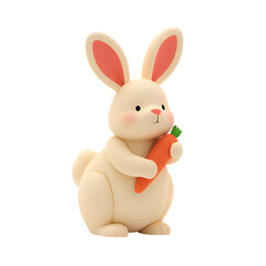 Obraz premium A cute 3D beige Easter bunny holding a carrot for holiday greeting cards and spring decorations Transparent Background, Cutout