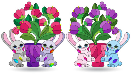A set of illustrations of stained glass windows with cute rabbits, dark outlines on a white background