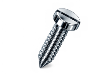 Metal screw with flat slotted drive head, shiny hardware fastener on transparent background for construction and diy concepts