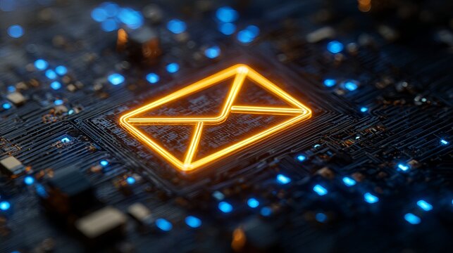 A glowing orange envelope icon on a dark circuit board with blue lights - Powered by Adobe