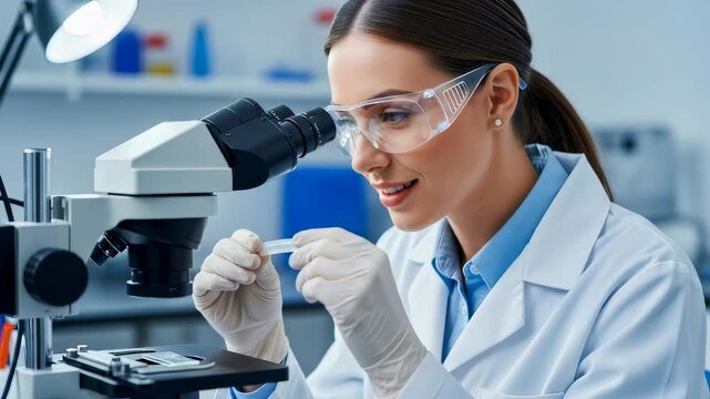 Woman scientist using microscope in laboratory. Research and development of biofiber, high-tech artificial material, modern technology concept.