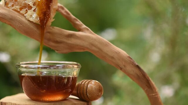Manuka honey, honeycomb and flowers on natural background.